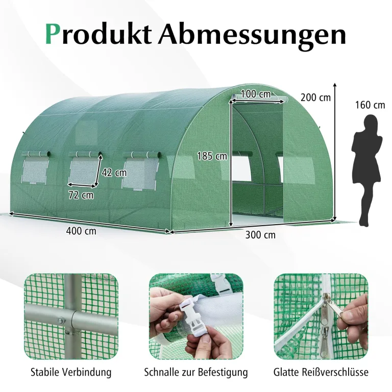 RELAX4LIFE Gewächshaus 4x3x2m-12m², Foliengewächshaus mit 6 Fenstern & 2 Reißverschlusstüren, Tunnelgewächshaus aus Metallrahmen & PE Folie, Treibhaus für Gemüse und Blumen,Grün – Bild 5