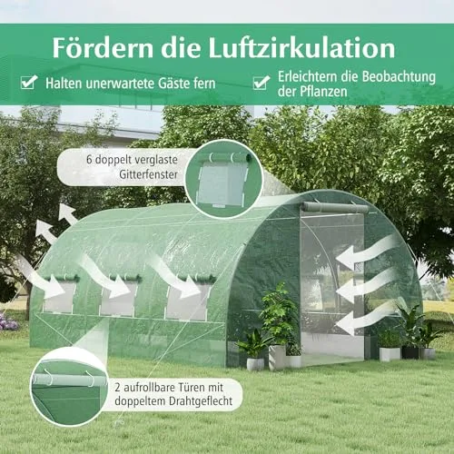 RELAX4LIFE Gewächshaus 4x3x2m-12m², Foliengewächshaus mit 6 Fenstern & 2 Reißverschlusstüren, Tunnelgewächshaus aus Metallrahmen & PE Folie, Treibhaus für Gemüse und Blumen,Grün – Bild 9