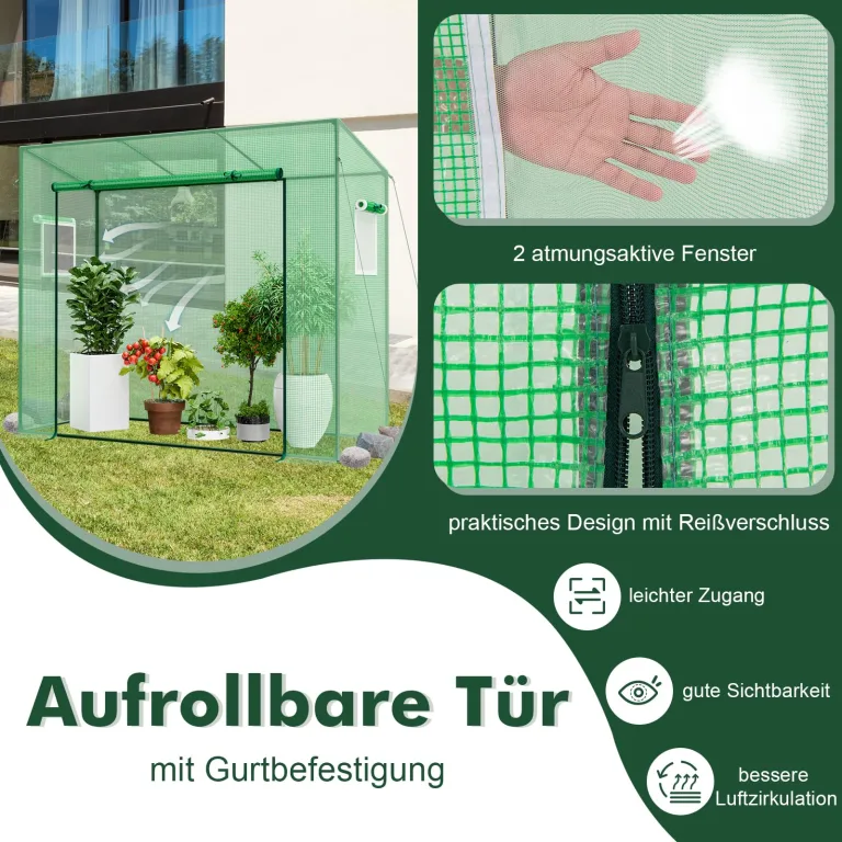 GOPLUS Foliengewächshaus 200 x 77 x 169 cm, begehbares Tomatenhaus mit Rolltür & 2 Fenstern, Gewächshaus mit Schrägdach & PE-Gitternetz, Tomatengewächshaus Treibhaus, Anlehngewächshaus – Bild 3