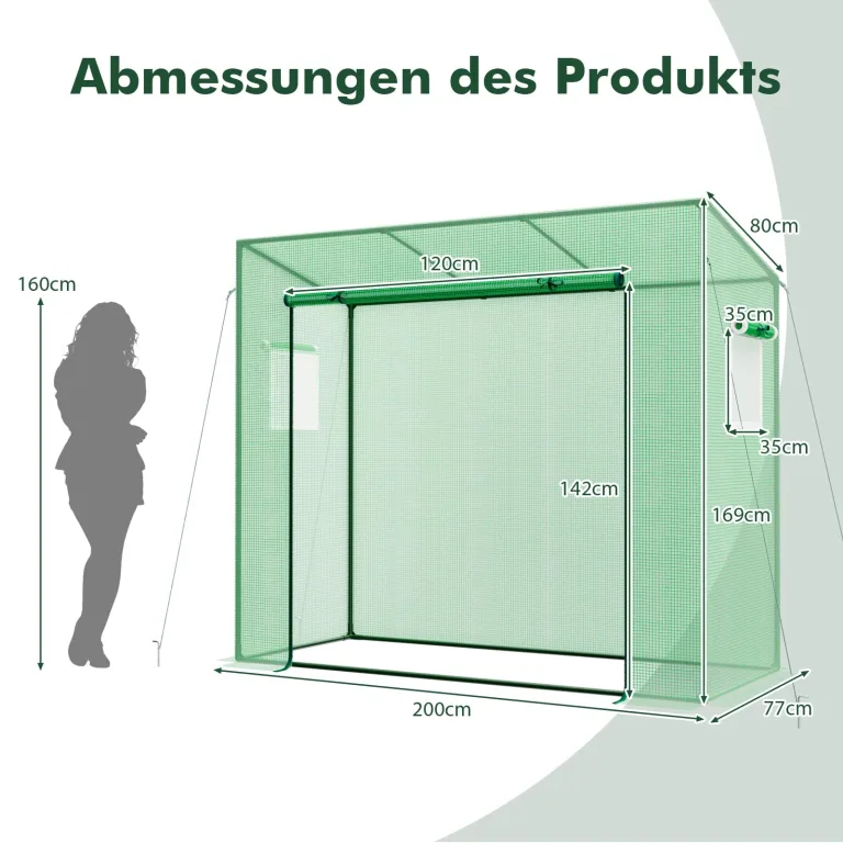 GOPLUS Foliengewächshaus 200 x 77 x 169 cm, begehbares Tomatenhaus mit Rolltür & 2 Fenstern, Gewächshaus mit Schrägdach & PE-Gitternetz, Tomatengewächshaus Treibhaus, Anlehngewächshaus – Bild 6