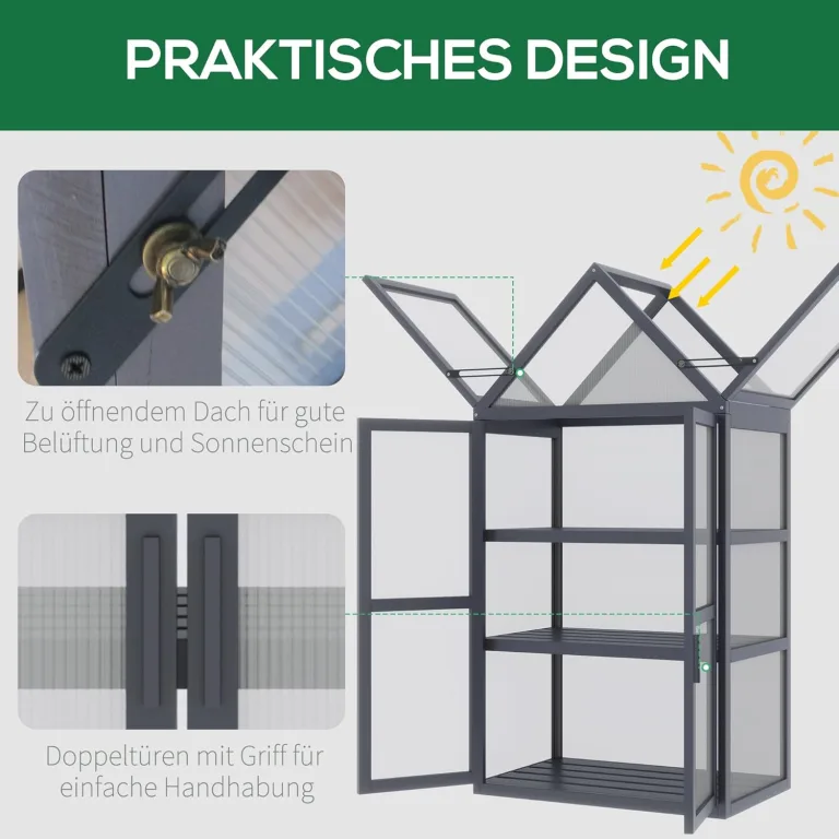 Outsunny Frühbeet Pflanzenbeet mit 3 Ebenen, aufklappbarem Dach wetterfest Mini Gewächshaus mit Doppeltüren Treibhaus aus Holz Polycarbonat Natur 70,5 x 42 x 132 cm – Bild 4