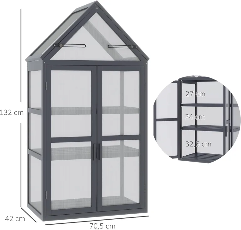 Outsunny Frühbeet Pflanzenbeet mit 3 Ebenen, aufklappbarem Dach wetterfest Mini Gewächshaus mit Doppeltüren Treibhaus aus Holz Polycarbonat Natur 70,5 x 42 x 132 cm – Bild 7