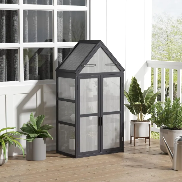 Outsunny Frühbeet Pflanzenbeet mit 3 Ebenen, aufklappbarem Dach wetterfest Mini Gewächshaus mit Doppeltüren Treibhaus aus Holz Polycarbonat Natur 70,5 x 42 x 132 cm – Bild 2