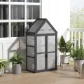 Outsunny Frühbeet Pflanzenbeet mit 3 Ebenen, aufklappbarem Dach wetterfest Mini Gewächshaus mit Doppeltüren Treibhaus aus Holz Polycarbonat Natur 70,5 x 42 x 132 cm - Thumbnail 2