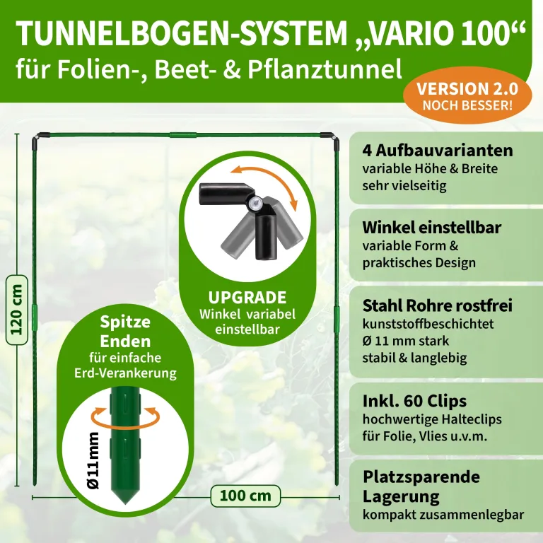 TTL GARDEN Vario 100 12xTunnelbogen System - 12er Set Folientunnel Bögen B 100 x H 120 cm zur Beetabdeckung - 4 mögliche Größen - rostfreie Stahl Tunnelbögen kunststoffbeschichtet + 60 Halteclips – Bild 2