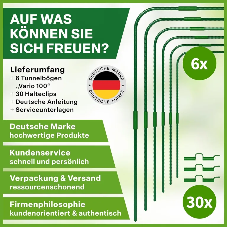TTL GARDEN Vario 100 6xTunnelbogen System - 6er Set Folientunnel Bögen H 106 x B 108 cm zur Beetabdeckung - 4 mögliche Größen - rostfreie Stahl Tunnelbögen kunststoffbeschichtet + 30 Halteclips – Bild 7