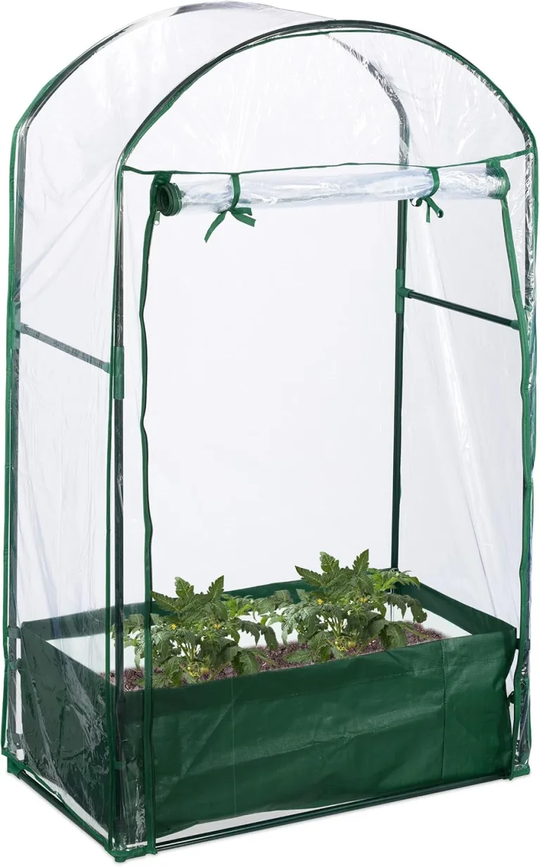Relaxdays Gewächshaus Balkon, Pflanzsack, HxBxT: 153 x 89 x 49 cm, Foliengewächshaus, PVC-Folie, Stahl, transparent/grün – Bild 1