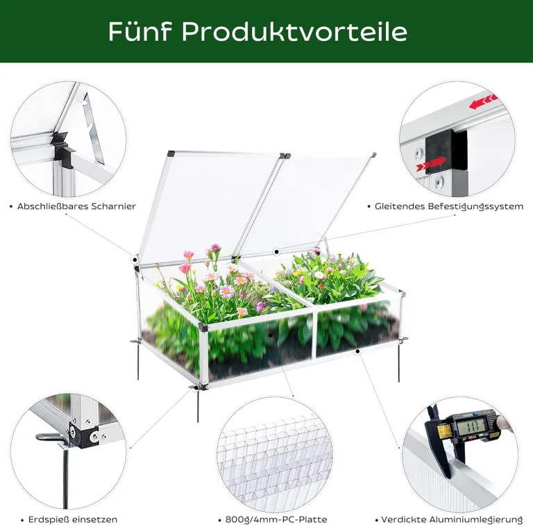 Frühbeet Alu Mini Gewächshaus Hochbeet Treibhaus UV-Schutz Pflanzbeet lichtdurchlässig Frühbeetkasten HxBxT: 118x77x40 cm Doppeldach Silbern – Bild 3