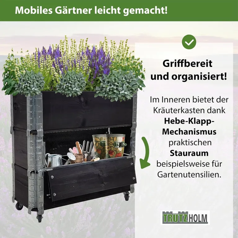TRUTZHOLM Hochbeet aus Holz 80x30x68 cm Kräuterbeet mobiler Einsatz auf Rollen Feststellbremsen für Garten und Balkon, Kräuter oder Blumenkasten, mit Stauraum Fach, teilbar, zeitlos, flexibel – Bild 5