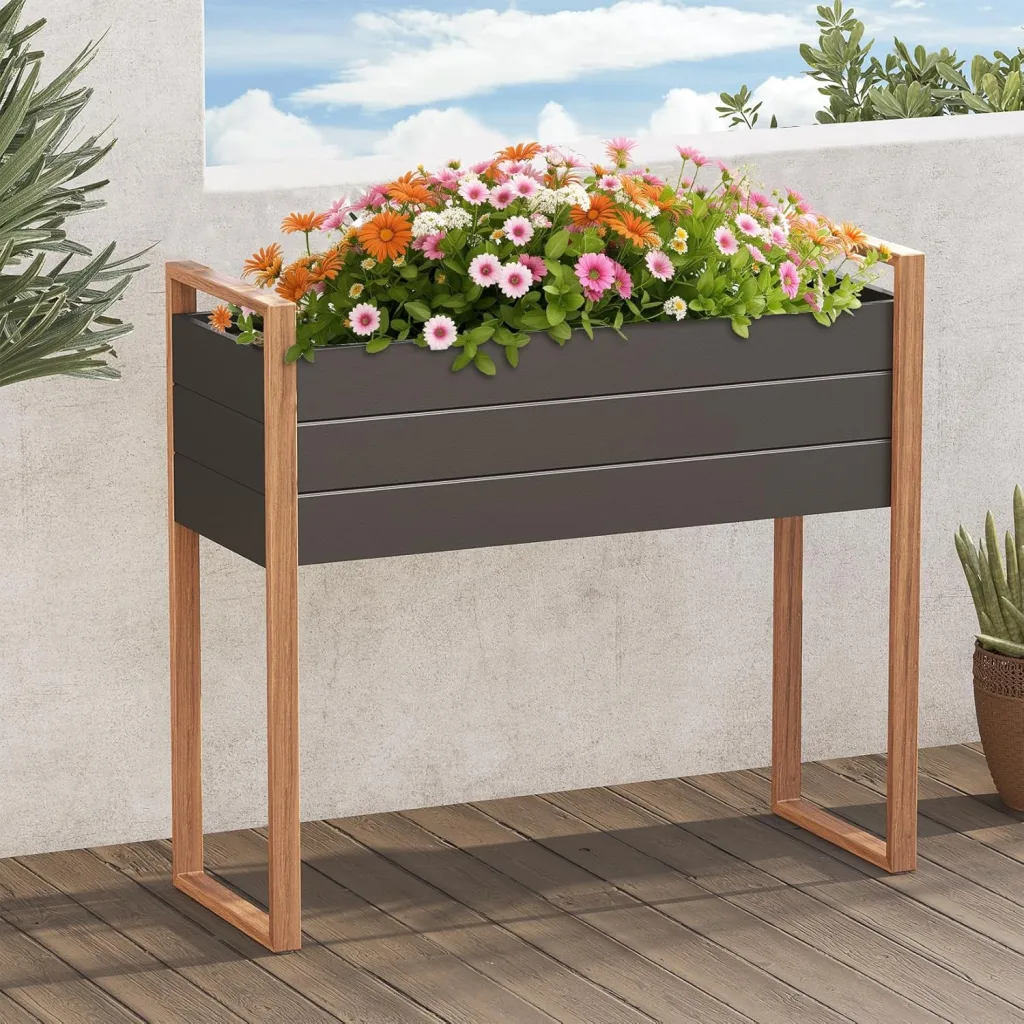 Grand patio Hochbeet Garten, Wetterfest, Metall Pflanzbeet mit Entwässerungslöcher, Blumenkasten für Outdoor, Balkon (100X38X91CM)