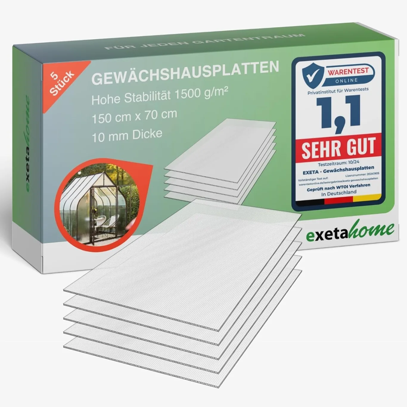5x Gewächshausplatten 10mm I Polycarbonat Hohlkammerplatten für Gewächshäuser I PC Doppelstegplatten UV-beständig & bruchsicher I für Garten, Frühbeet uvm I 70cm x 150cm I Transparent - Bild 1