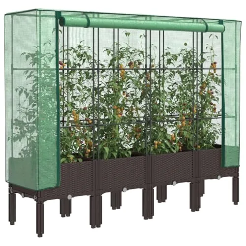 vidaXL Hochbeet mit Gewächshaus-Aufsatz, Pflanzbeet mit Eisenrohr-Rahmen, Gemüsebeet für Garten Terrasse Balkon, Pflanzkasten Frühbeet, Rattan-Optik – Bild 10