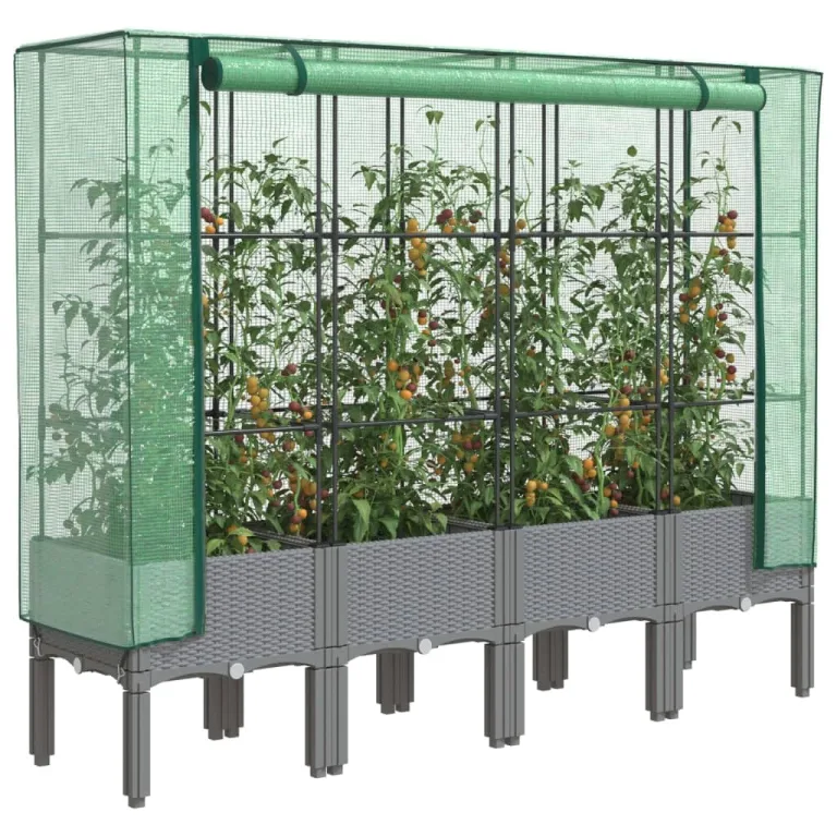 vidaXL Hochbeet, Pflanzkasten mit Gewächshaus-Aufsatz, Frühbeet für Balkon Garten Terrasse, Gemüsebeet Blumenbeet Pflanzbeet, Rattan-Optik – Bild 2