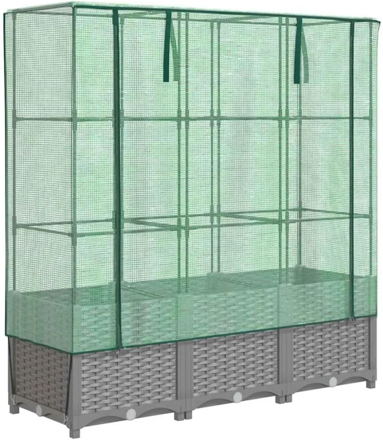 vidaXL Hochbeet, Pflanzkasten mit Gewächshaus-Aufsatz, Frühbeet für Balkon Garten Terrasse, Gemüsebeet Blumenbeet Pflanzbeet, Rattan-Optik – Bild 2