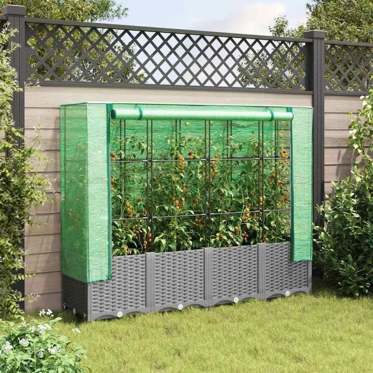 vidaXL Hochbeet, Pflanzkasten mit Gewächshaus-Aufsatz, Frühbeet für Balkon Garten Terrasse, Gemüsebeet Blumenbeet Pflanzbeet, Rattan-Optik – Bild 3