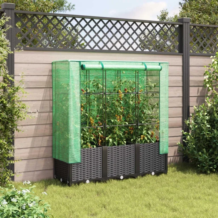 vidaXL Hochbeet mit Gewächshaus-Aufsatz, Pflanzbeet mit Eisenrohr-Rahmen, Gemüsebeet für Garten Terrasse Balkon, Pflanzkasten Frühbeet, Rattan-Optik – Bild 4
