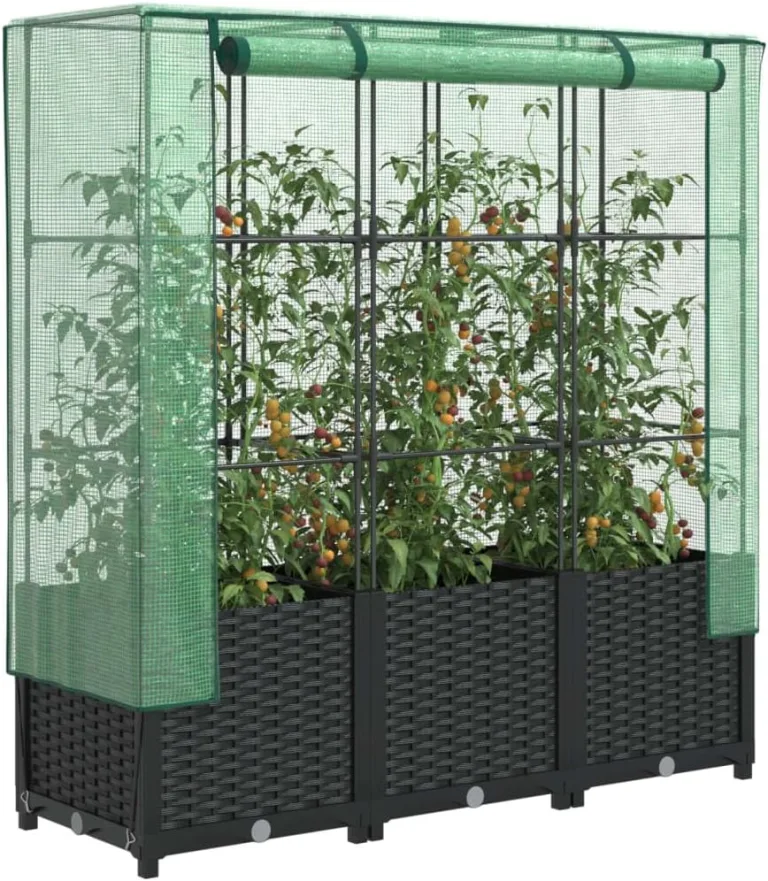 vidaXL Hochbeet mit Gewächshaus-Aufsatz, Pflanzbeet mit Eisenrohr-Rahmen, Gemüsebeet für Garten Terrasse Balkon, Pflanzkasten Frühbeet, Rattan-Optik – Bild 3