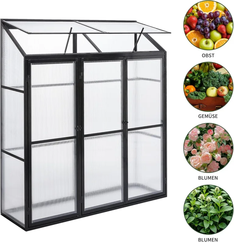 Anlehngewächshaus Tomaten Gewächshaus 180x55x190cm Aluminium Beistell-Gewächshaus, Treibhaus Gartenhaus Frühbeet mit Rückwand, Winterfest Klein, Minigewächshaus, Schwarz – Bild 3
