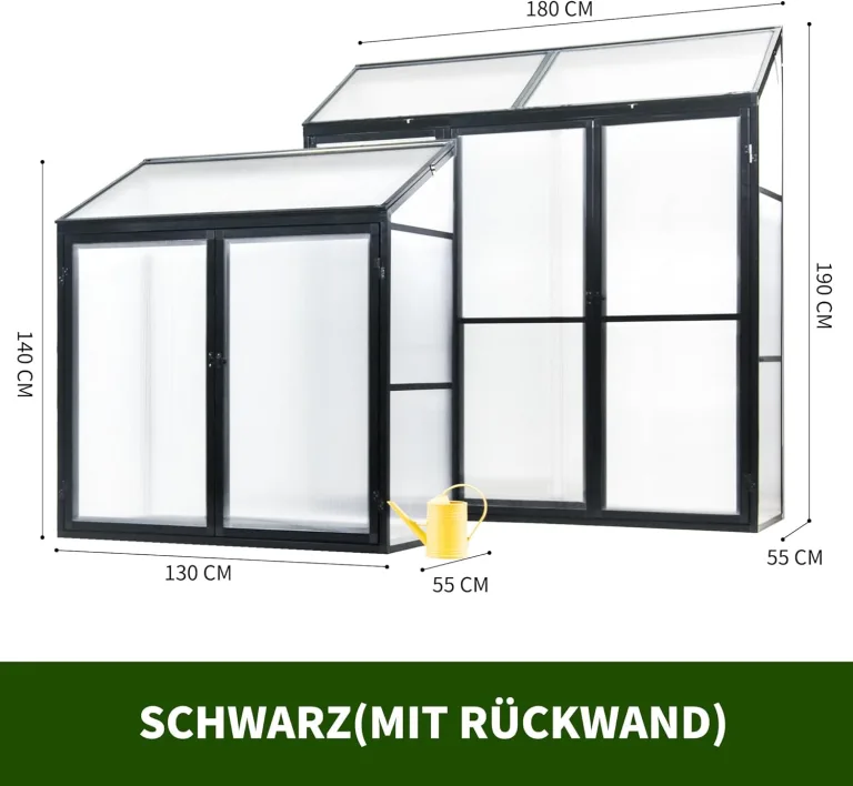 Anlehngewächshaus Tomaten Gewächshaus 180x55x190cm Aluminium Beistell-Gewächshaus, Treibhaus Gartenhaus Frühbeet mit Rückwand, Winterfest Klein, Minigewächshaus, Schwarz – Bild 4
