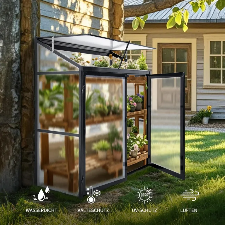 Anlehngewächshaus Tomaten Gewächshaus 130x55x140cm Aluminium Beistell-Gewächshaus, Treibhaus Gartenhaus Frühbeet mit Rückwand, Winterfest Klein, Minigewächshaus, Schwarz – Bild 4