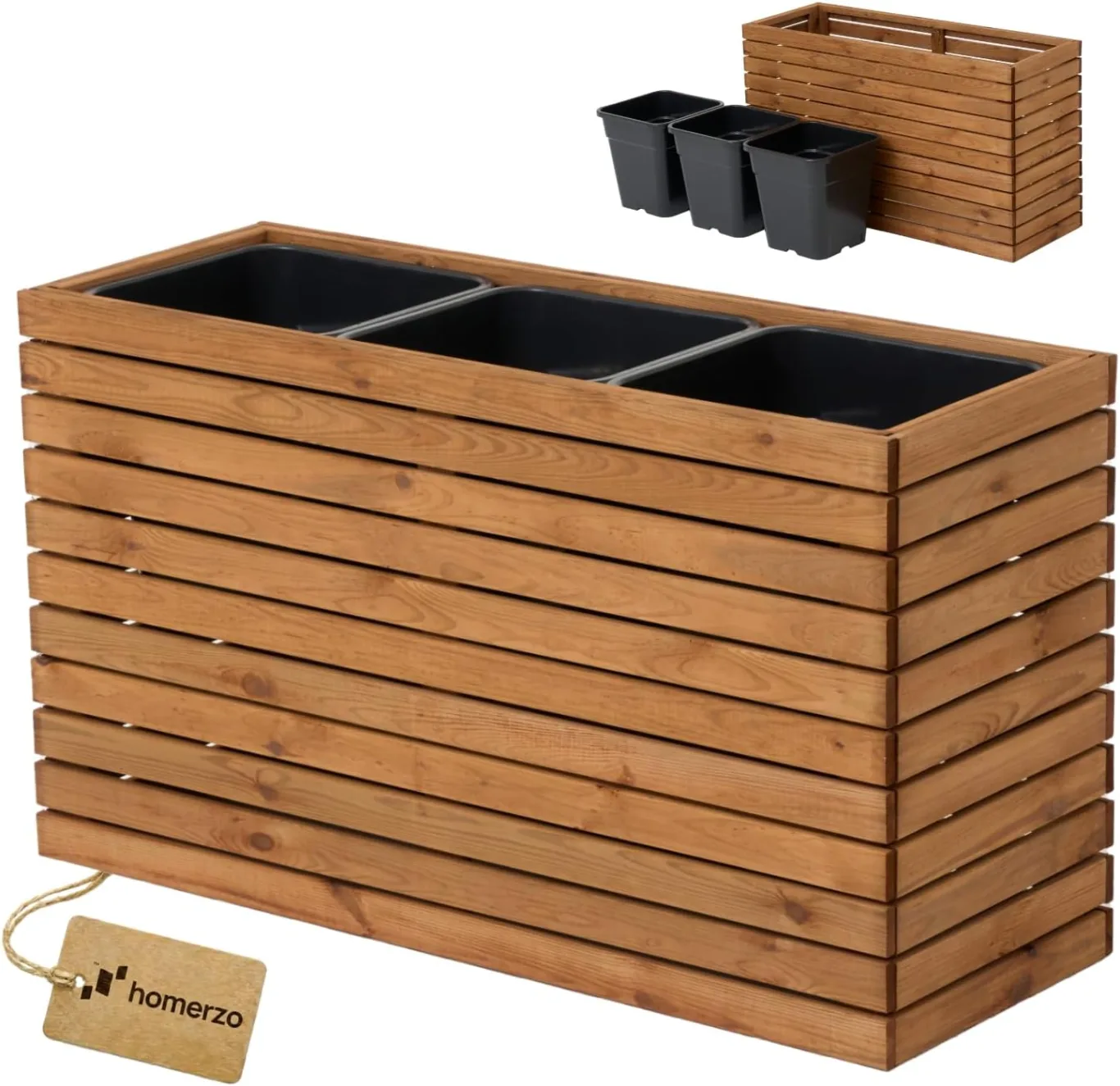 Pflanzkübel Holz – imprägniert wetterfest – mit herausnehmbarem Kunststoffeinsatz – Hochbeet Blumenkasten für Balkon Garten Terrasse (Horizontal-braun 98x36 H55 cm) - Bild 1