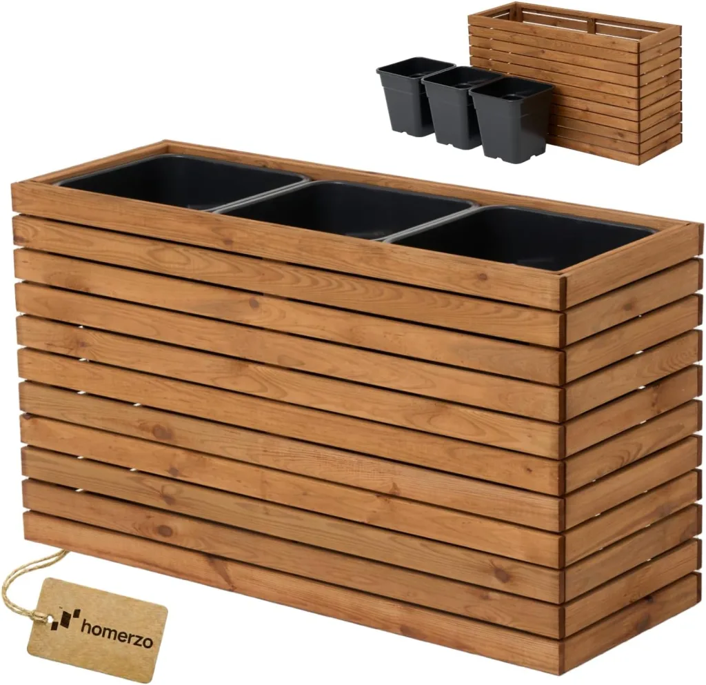 Pflanzkübel Holz – imprägniert wetterfest – mit herausnehmbarem Kunststoffeinsatz – Hochbeet Blumenkasten für Balkon Garten Terrasse (Horizontal-braun 98x36 H55 cm)