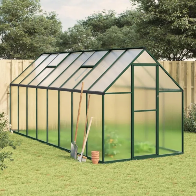 IKAYAA Gewächshaus Aluminium mit Fundament Gartenhaus Winterfest Gewächshaus Glas Glashaus Garten Tomatenhaus Frühbeet und Pflanzenhaus 445 x 169 x 195 cm Grün und transparent – Bild 1