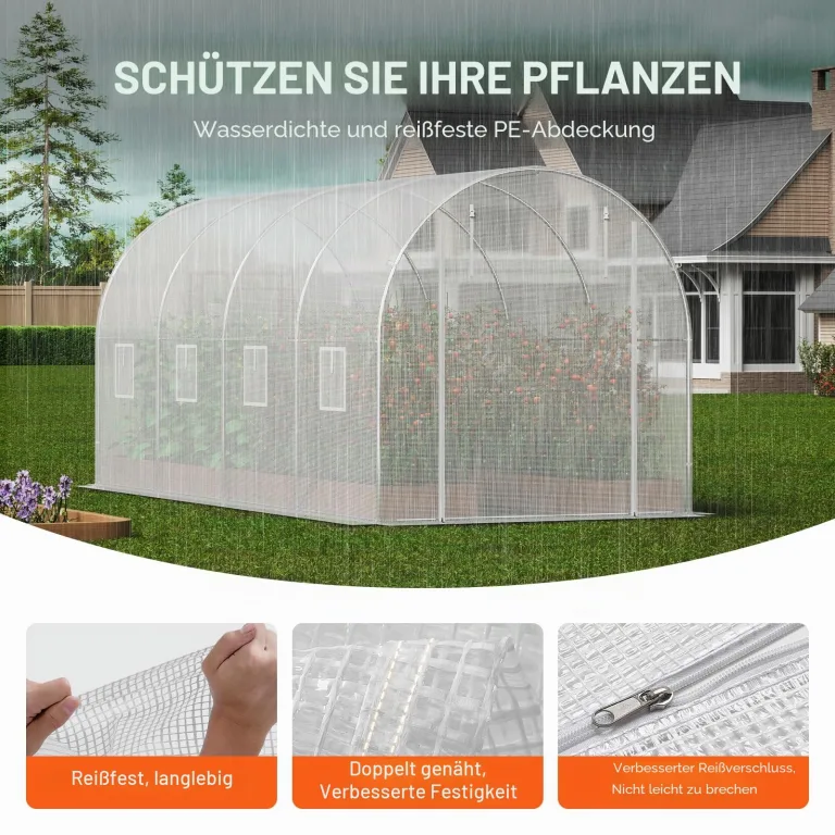 VEVOR Foliengewächshaus, 445 x 194 x 192 cm, Tomatengewächshaus, Treibhaus mit verzinktem Stahlrahmen, weißer PE-Abdeckung, aufrollbarer Reißverschlusstür und 8 Fenstern für den Außenbereich – Bild 3