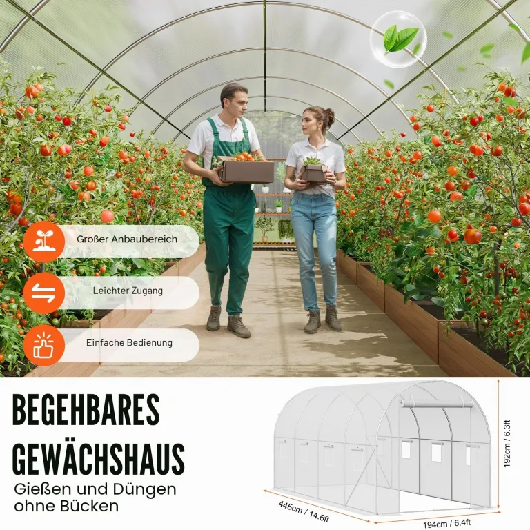 VEVOR Foliengewächshaus, 445 x 194 x 192 cm, Tomatengewächshaus, Treibhaus mit verzinktem Stahlrahmen, weißer PE-Abdeckung, aufrollbarer Reißverschlusstür und 8 Fenstern für den Außenbereich – Bild 5