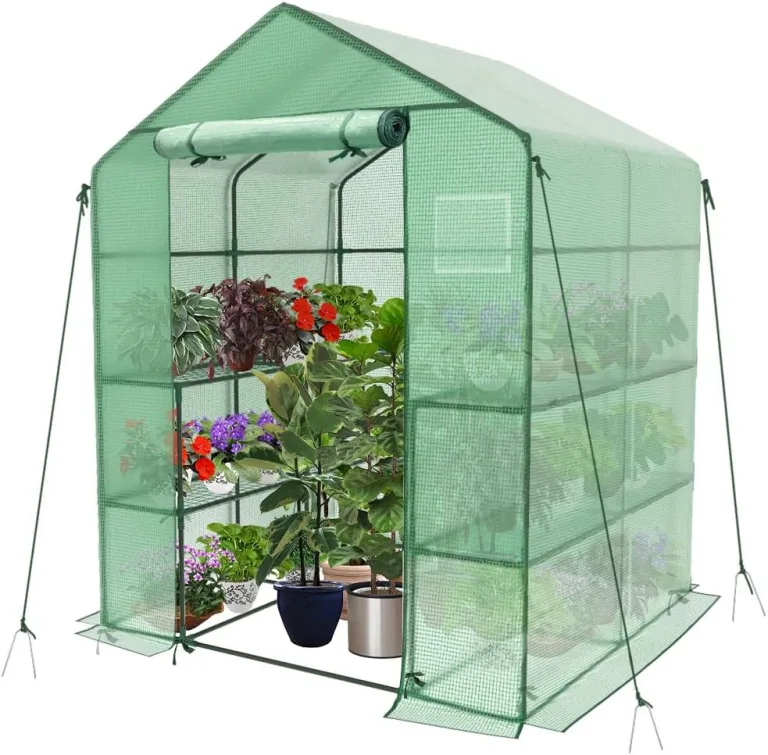 VOUNOT® Gewächshaus Foliengewächshaus, begehbares Gartenhäuschen mit 8 Regalebenen, Tomatenhaus Tomatengewächshaus, Grün 143x143x195cm – Bild 2