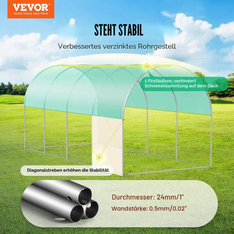 VEVOR Foliengewächshaus, 445 x 194 x 192 cm, Tomatengewächshaus, Treibhaus mit verzinktem Stahlrahmen, grüner PE-Abdeckung, aufrollbarer Reißverschlusstür und 8 Fenstern für den Außenbereich – Bild 2