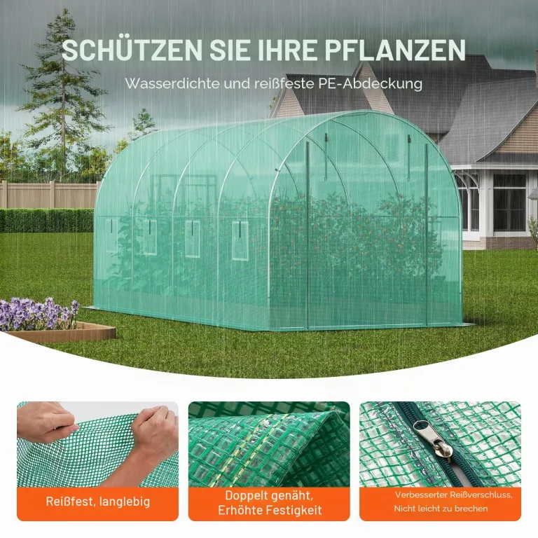 VEVOR Foliengewächshaus, 445 x 194 x 192 cm, Tomatengewächshaus, Treibhaus mit verzinktem Stahlrahmen, grüner PE-Abdeckung, aufrollbarer Reißverschlusstür und 8 Fenstern für den Außenbereich – Bild 3