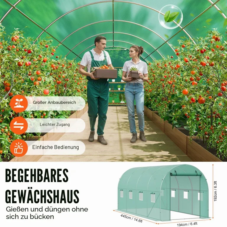 VEVOR Foliengewächshaus, 445 x 194 x 192 cm, Tomatengewächshaus, Treibhaus mit verzinktem Stahlrahmen, grüner PE-Abdeckung, aufrollbarer Reißverschlusstür und 8 Fenstern für den Außenbereich – Bild 5