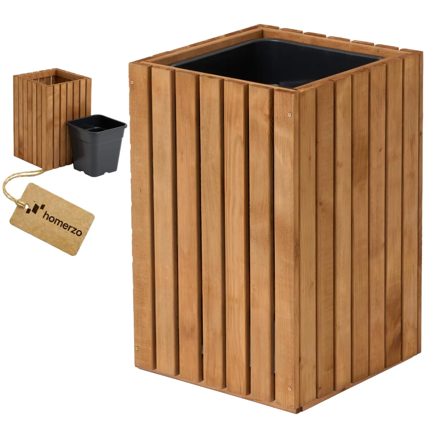 Pflanzkübel Holz – imprägniert wetterfest – mit herausnehmbarem Kunststoffeinsatz – Pflanztopf Blumenkasten für Balkon Garten Terrasse (Vertikal-braun 36x36 H55 cm) - Bild 1