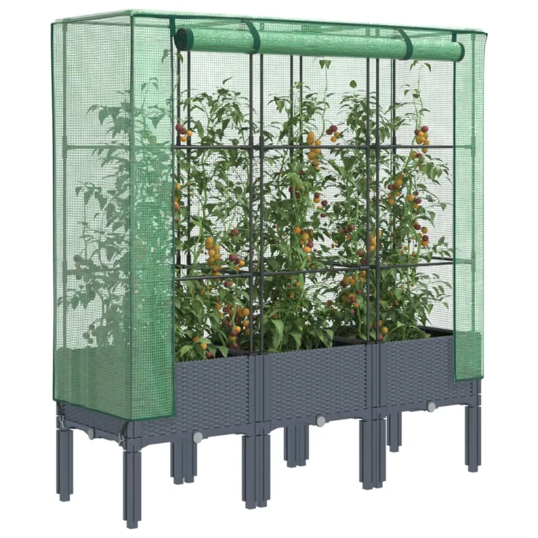 Hochbeet mit Gewächshaus-Aufsatz Gartenbeet Gemüsebeet Kräuterbeet Blumenkasten Frühbeet für Garten Pflanzkasten mit Gewächshaus Blumenbeet Pflanzenbeet Dunkelgrau 120x40x138 cm PP – Bild 9