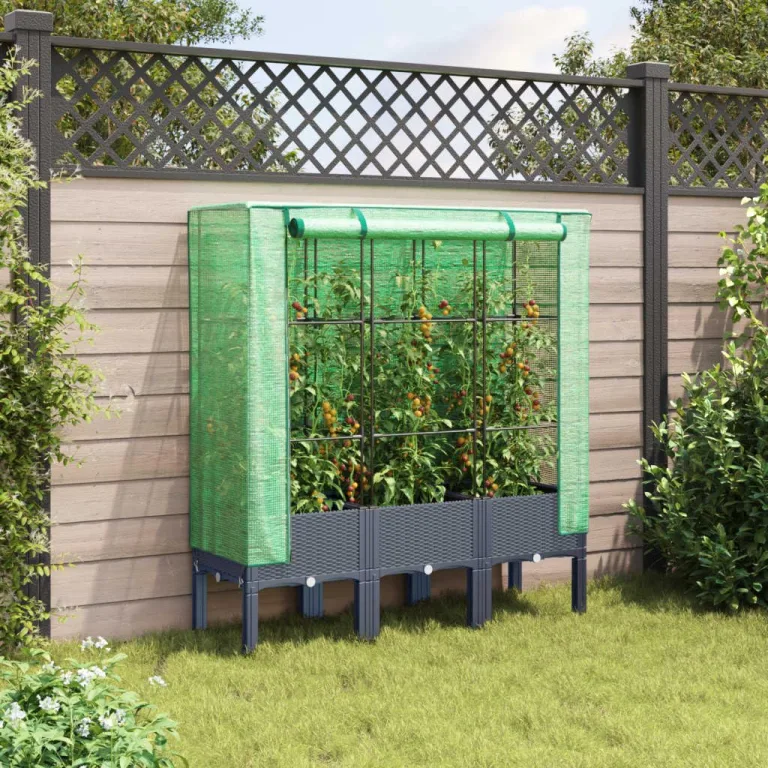 Hochbeet mit Gewächshaus-Aufsatz Frühbeet für Garten Pflanzkasten mit Gewächshaus Kräuterbeet Blumenbeet Pflanzenbeet Blumenkasten Gartenbeet Gemüsebeet Dunkelgrau 120x40x140 cm PP – Bild 3