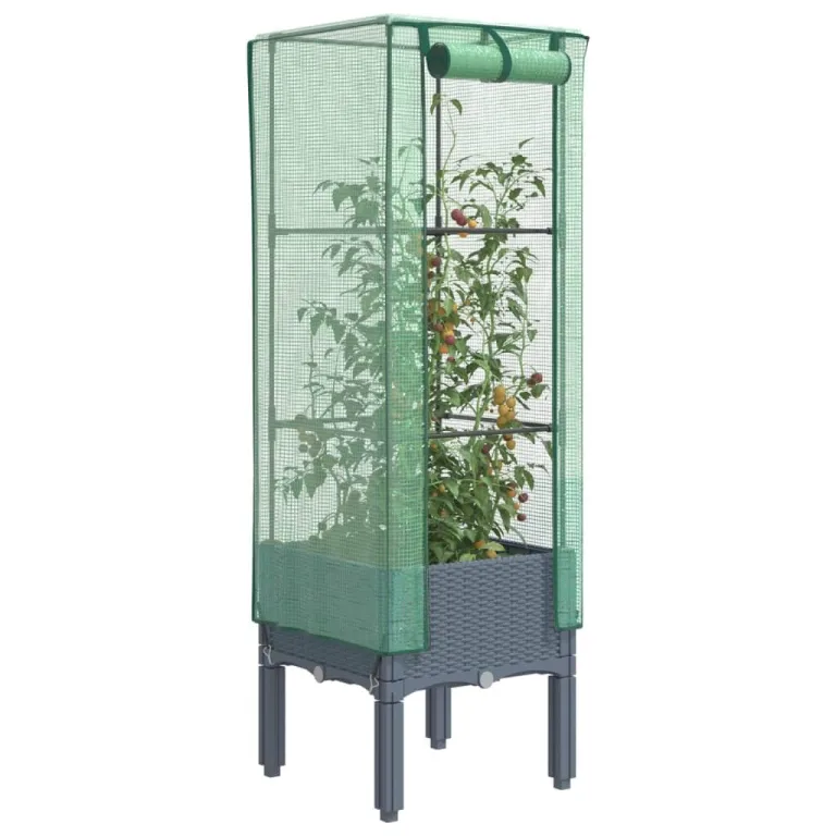 Hochbeet mit Gewächshaus-Aufsatz Blumenkasten Pflanzkasten mit Gewächshaus Kräuterbeet Frühbeet für Garten Blumenbeet Pflanzenbeet Gartenbeet Gemüsebeet Dunkelgrau 40x40x140 cm PP – Bild 1