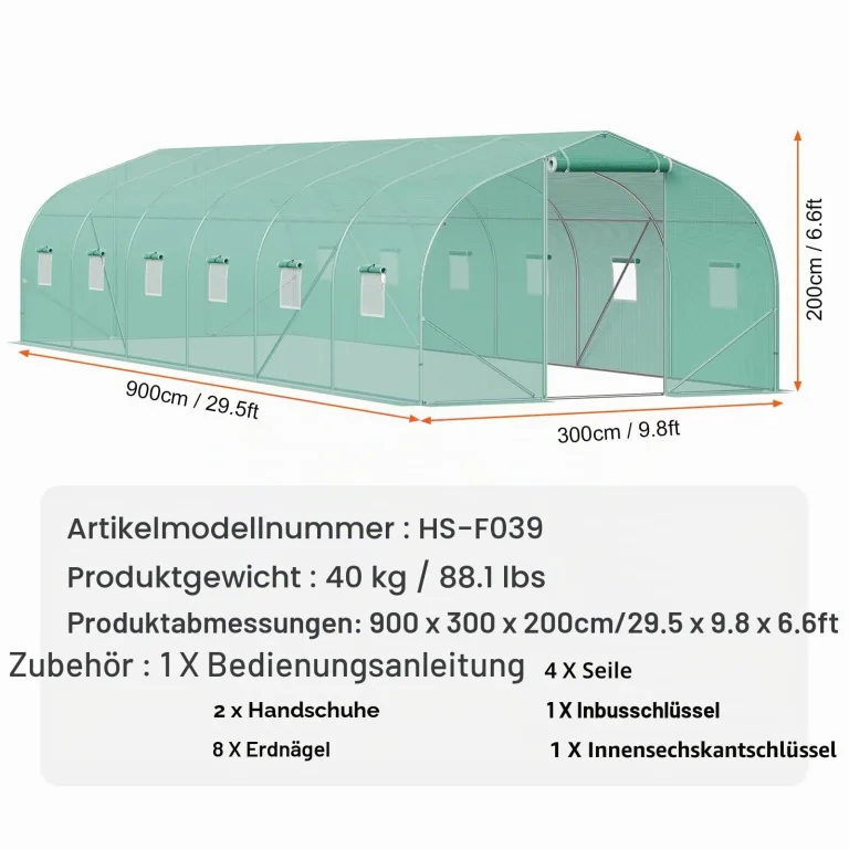 VEVOR begehbares Tunnel-Gewächshaus, 900x300x200cm Treibhaus, Spitzdach-Tomatenhaus mit verzinktem Stahlrahmen, grüner PE-Abdeckung, aufrollbarer Reißverschlusstür und 12 Fenstern für den Außenbereich – Bild 7