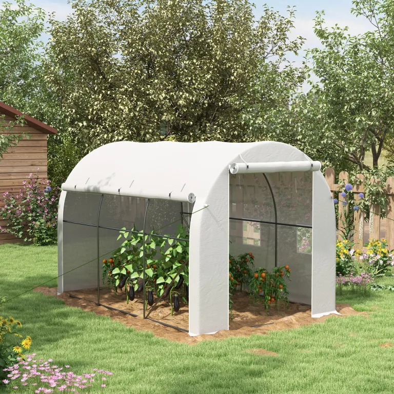 Outsunny Garten-Gewächshaus, 6 m², 3 x 2 m, mit 1 Tür + 2 aufrollbaren Seitenwänden mit Reißverschluss, 6 Fenster, verzinkter Stahl, Polyethylen, hohe Dichte, 140 g/m², UV-Schutz, Weiß – Bild 2