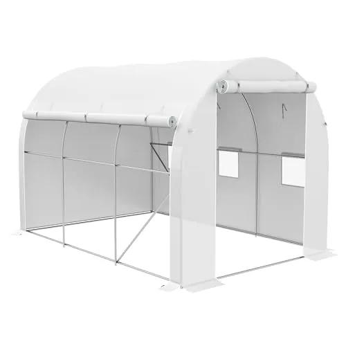 Outsunny Garten-Gewächshaus, 6 m², 3 x 2 m, mit 1 Tür + 2 aufrollbaren Seitenwänden mit Reißverschluss, 6 Fenster, verzinkter Stahl, Polyethylen, hohe Dichte, 140 g/m², UV-Schutz, Weiß – Bild 9