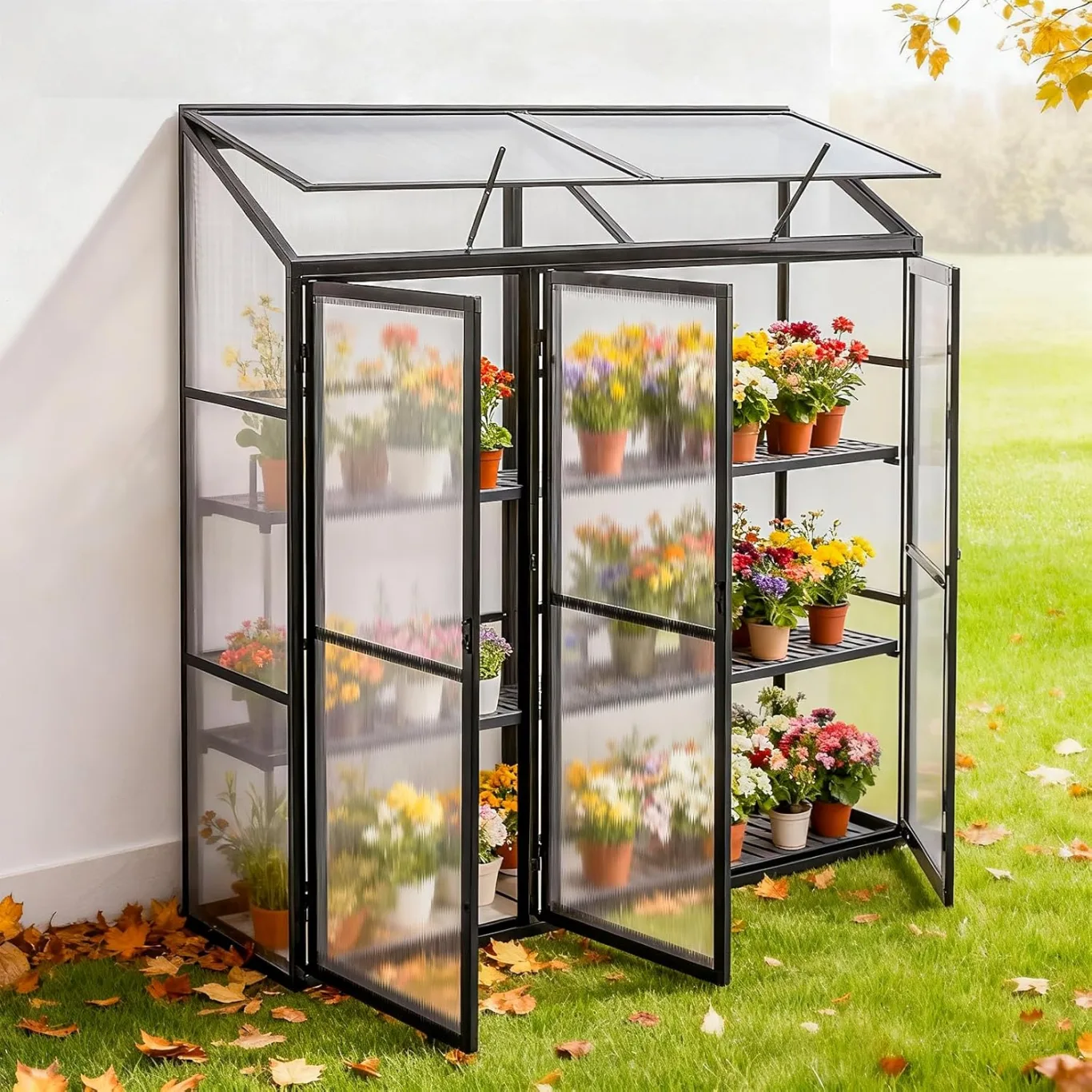 Aluminium Anlehngewächshaus Beistell Tomatengewächshaus klein Gewächshaus Dreitürig Treibhaus 190x55X180 cm schwarz - Bild 1