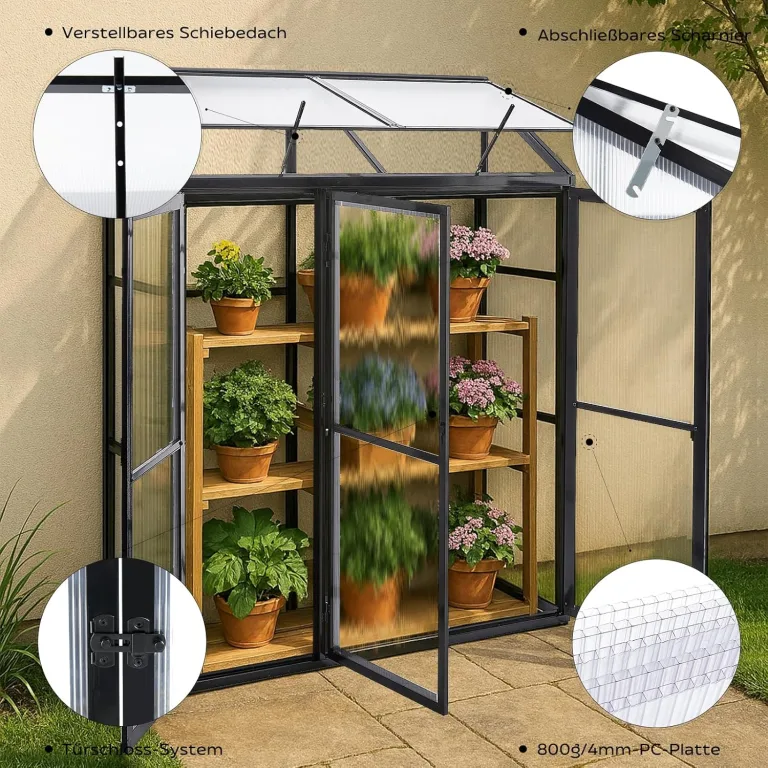 Aluminium Anlehngewächshaus Beistell Tomatengewächshaus klein Gewächshaus Dreitürig Treibhaus 190x55X180 cm schwarz – Bild 5