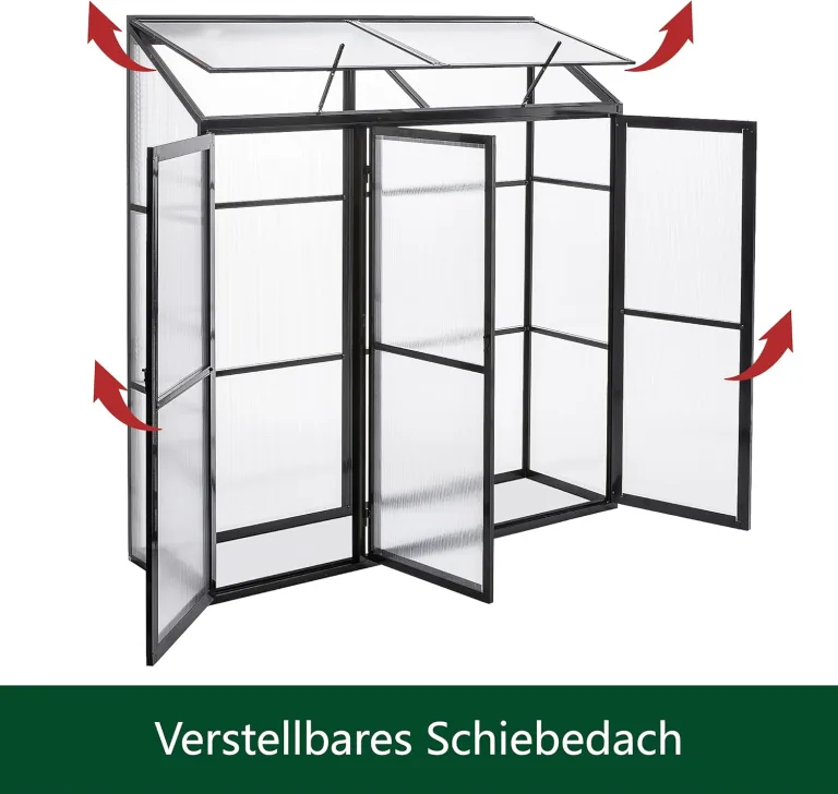 Aluminium Anlehngewächshaus Beistell Tomatengewächshaus klein Gewächshaus Dreitürig Treibhaus 190x55X180 cm schwarz – Bild 7