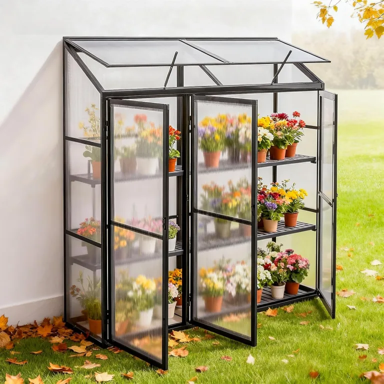 Aluminium Anlehngewächshaus Beistell Tomatengewächshaus klein Gewächshaus Dreitürig Treibhaus 190x55X180 cm schwarz – Bild 1