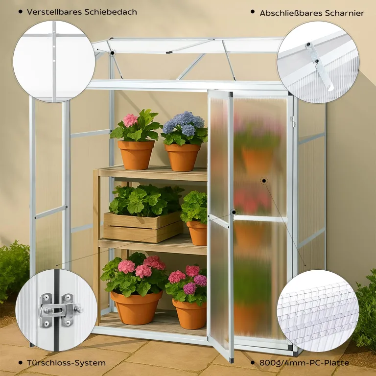 Aluminium Anlehngewächshaus Beistell Tomatengewächshaus klein Gewächshaus Dreitürig Treibhaus 190x52x182 cm Silber – Bild 4