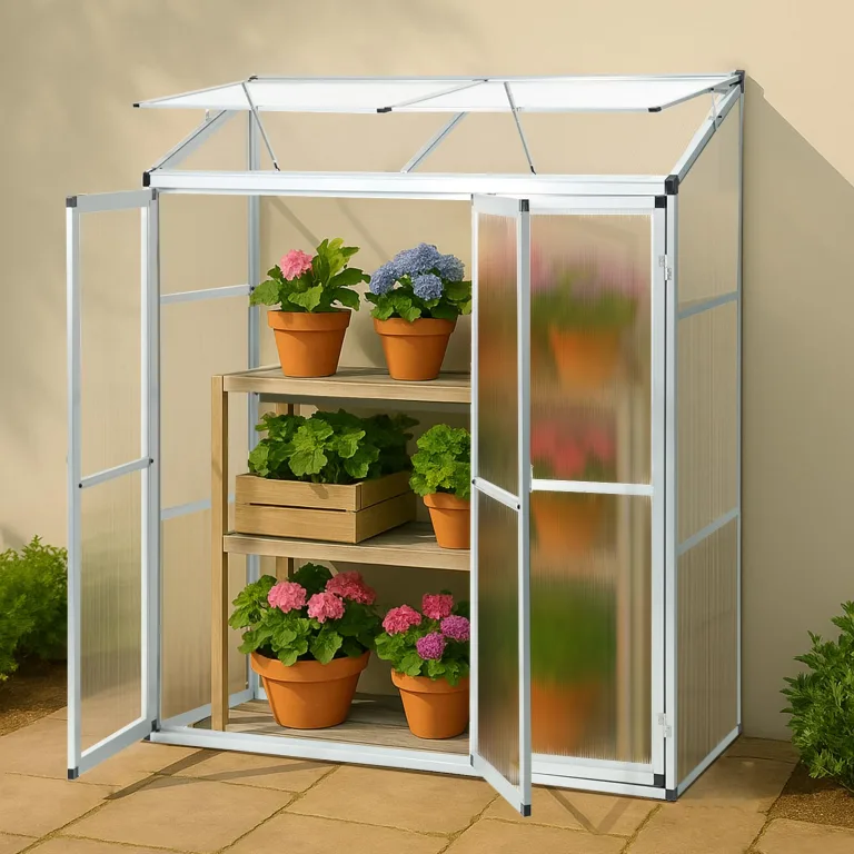 Aluminium Anlehngewächshaus Beistell Tomatengewächshaus klein Gewächshaus Dreitürig Treibhaus 190x52x182 cm Silber – Bild 9