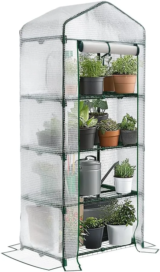 VOUNOT® Gewächshaus Foliengewächshaus, 4 Etagen Treibhaus Gartenhäuschen für Balkon mit 4 Regalebenen, Tomatenhaus Tomatengewächshaus, Weiß 69x49x160cm – Bild 2