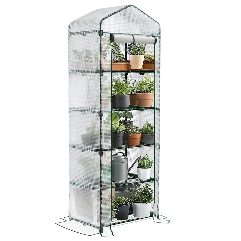 VOUNOT® Gewächshaus Foliengewächshaus, 5 Etagen Treibhaus Gartenhäuschen für Balkon mit 5 Regalebenen, Tomatenhaus Tomatengewächshaus, Weiß 69x49x193cm - Bild 1
