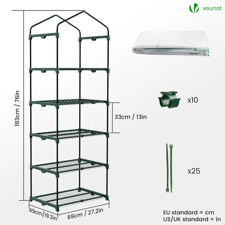 VOUNOT® Gewächshaus Foliengewächshaus, 5 Etagen Treibhaus Gartenhäuschen für Balkon mit 5 Regalebenen, Tomatenhaus Tomatengewächshaus, Weiß 69x49x193cm – Bild 4