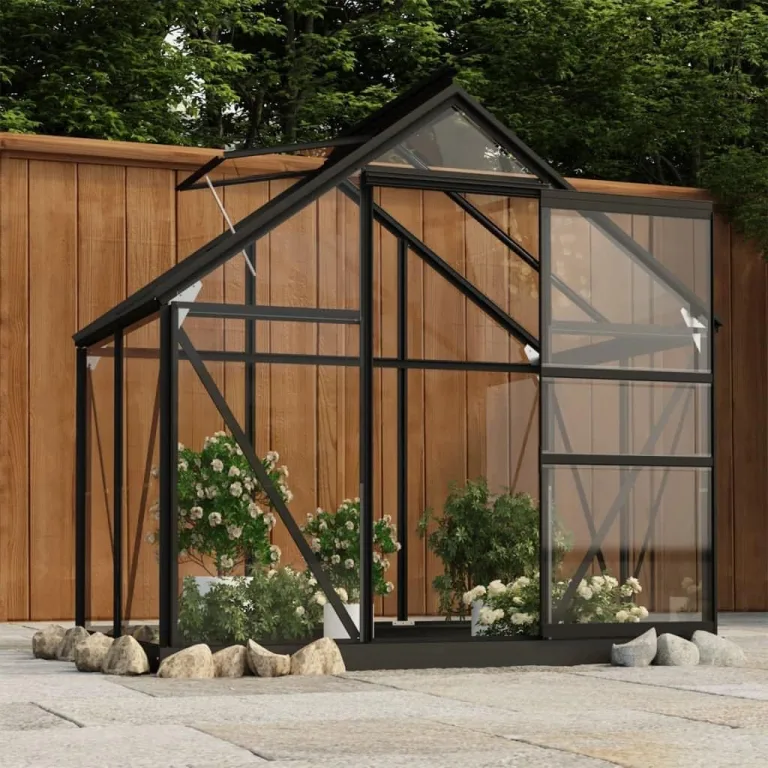 Gewächshaus im Garten Glas Anthrazit 155x103x191 cm Aluminium Gewächshaus Klein Frostschutz Pflanzen Winterschutz Gemüsehaus Treibhaus Gerätehaus Tomatenhaus UV-beständig&Wärmegedämmt – Bild 2